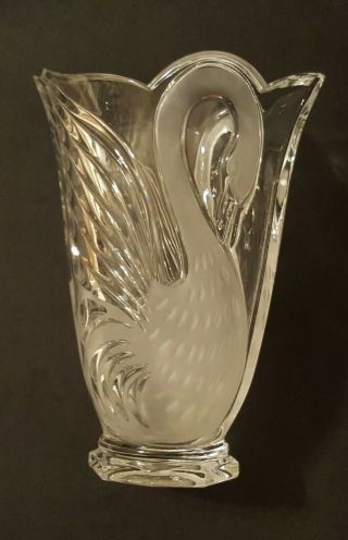 Cut Crystal Clear Vase Etched Swans 9 1/4 X 6 3/4 X 4 1/2 Octagon Base Art Deco