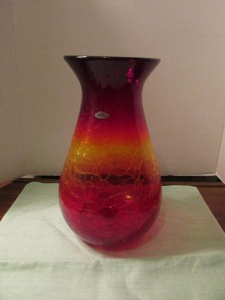 Blenko Large Amberina Crackle Vase Label 11.  5 " Tall Hand Blown