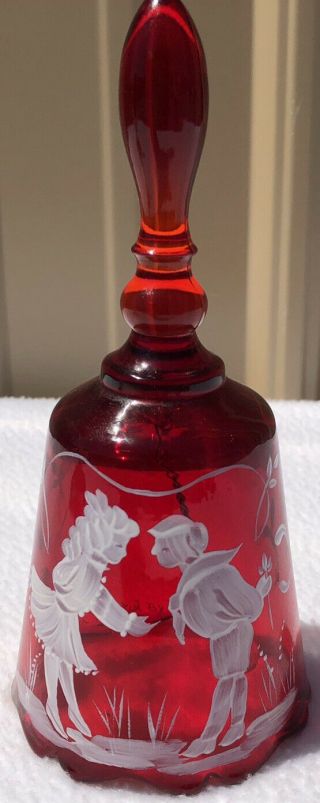 Fenton Art Glass Hand Painted By D.  Frederick Mary Gregory Style Bell - Ruby Red