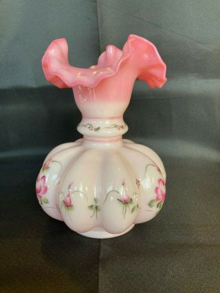 Fenton Glass Vase Pink Handpainted Floral With Ruffled Bow