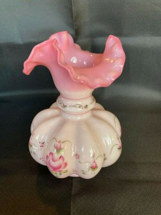 Fenton Glass Vase Pink Handpainted Floral with Ruffled Bow 2