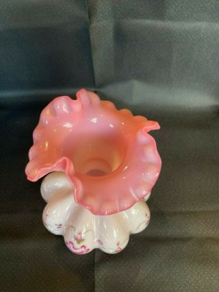 Fenton Glass Vase Pink Handpainted Floral with Ruffled Bow 3
