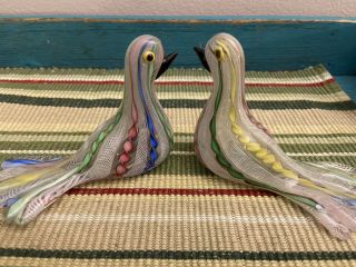 Two Art Glass Turtle Dove Figurines Murano Style Hand Blown Birds 3.  5 "