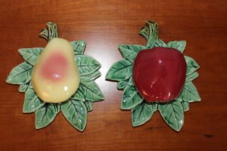 Pair Vintage Mccoy Hanging Wall Pockets - Planters Apple & Pear On Leaf
