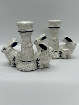 The Potting Shed Dedham Pottery Rabbit Bunny Candleholders.  Crackle Glaze Pair