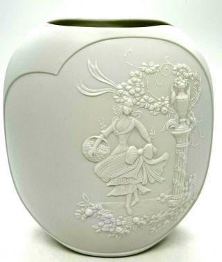 Ak Kaiser Germany Vase White Bisque Porcelain Girl In Garden Flower Basket Oval