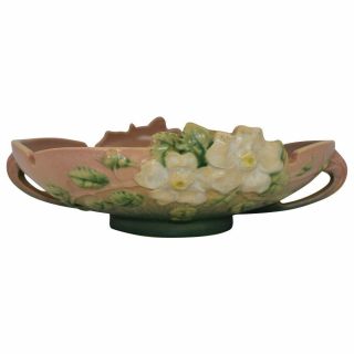 Vintage Roseville Pottery White Rose 1940 Pink Handled Ceramic Bowl 392 - 10