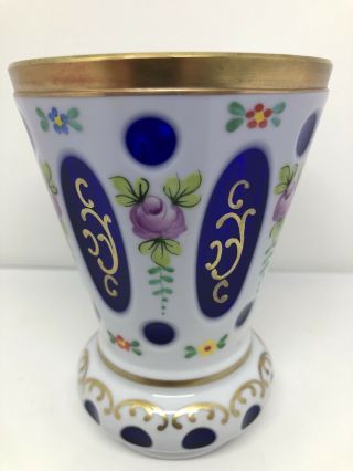 Vintage Bohemian Czech Moser White Cut To Blue Glass Vase