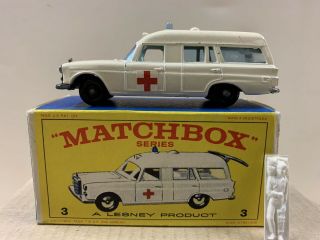 Matchbox Lesney Mercedes Benz Ambulance Aim Code 3 - 3c,  “e” Model Box