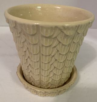 Vintage Nelson Mccoy Fish Scales Flower Pot W/attached Saucer - Light Yellow.