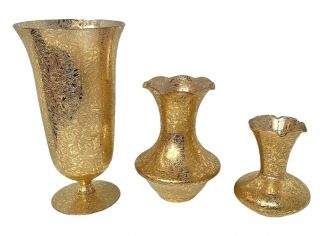 Vintage Lotus Glass Co.  22 Karat Gold Overlay Gilded Vases Set Of 3 Floral Euc