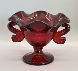 Vintage Fenton Glass Ruby Red Double Dolphin Handle Footed Compote Candy Dish