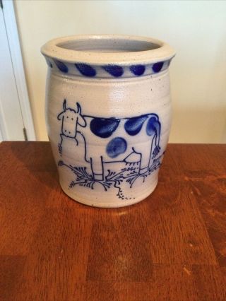 Vintage Eldreth Pottery 1994 Stoneware Crock Blue Cow Lancaster Pa 6.  25” Tall