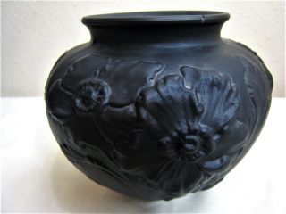 Art Deco Tiffin Black Satin Amethyst Glass Raised Poppy Vase 5.  5 "