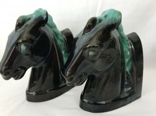 VINTAGE BLUE MOUNTAIN Art Pottery HORSE HEAD BOOKENDS PAIR Green Glaze 8 