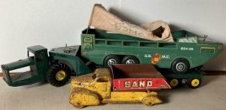 (3) Vintage Metal Toys - Truck,  Tractor/trailer & Usmc All Terrain Vehicle