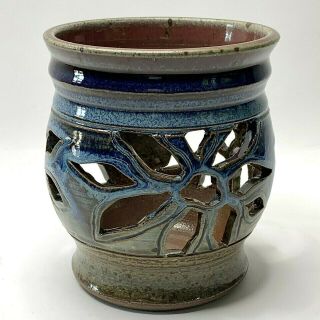 Studio Art Pottery Candle Holder Pierced Luminary Artisan Ceramic Blue Brown 5 "