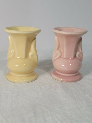 Vintage Shawnee Art Pottery Vases Ornamental Miniatures Pink & Yellow 2.  75 "