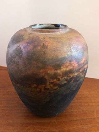 Vintage Raku Iridescent Swirl Art Pottery Bulbous Vase Unsigned 5.  5 "