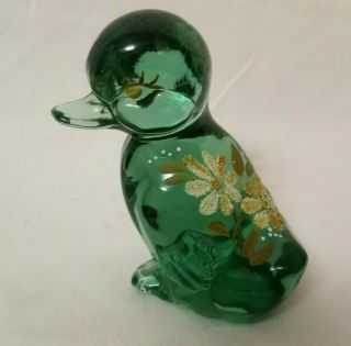 Vintage Fenton Art Glass Hand Painted Green Duck - Signed