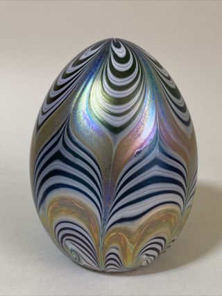 Studio Art Glass Iridescent Pulled Feathered Egg Paperweight