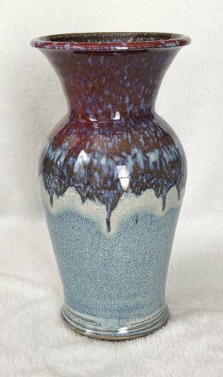 Studio Art Pottery Vase Blue Red Drip Glaze Signed Coburn Hand Thrown 9.  25” T