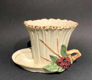 Vintage 1950s Mccoy Pottery 5 " Fancy Lotus Leaf Flower Pot W/ Attached Saucer