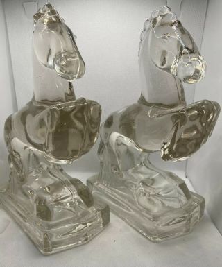 Vintage Heavy Clear Glass Horse Figurines 8 1/2 “ Tall 7” Long 2” Wide