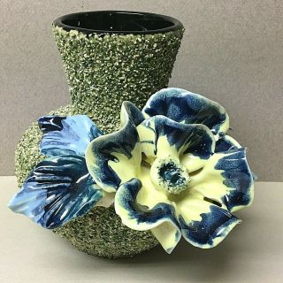 Antique Sand Majolica Applied Flower Art Pottery Vase -