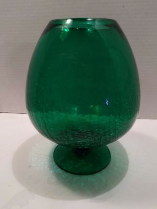 Vintage Blenko Mcm Crackle Glass Emerald Green Large Footed Brandy Snifter Vase