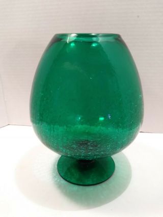 Vintage Blenko MCM Crackle Glass Emerald Green Large Footed Brandy Snifter Vase 3