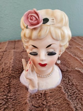 Vintage Inarco 1961 E193 Lady Head Vase Hand Rose Eyelashes Updo Blond Hair 3.  5 "