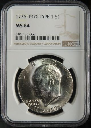 1976 - P $1 Ike Eisenhower Dollar (clad) " Type 1 " Ngc Ms64 6301135 - 006