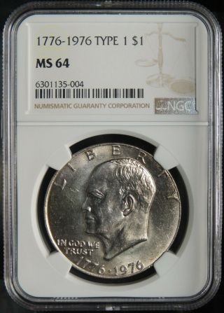 1976 - P $1 Ike Eisenhower Dollar (clad) " Type 1 " Ngc Ms64 6301135 - 004