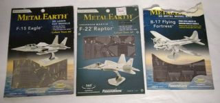 Set Of 3 Fascinations Metal Earth Laser Cut Models Planes F - 15 F - 22 And B - 17 3d